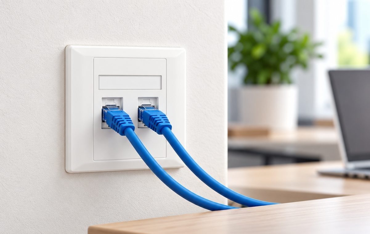 Prise réseau RJ45 double raccordée dans un bureau