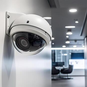 Caméra de vidéosurveillance dôme fixée au mur d'un bureau