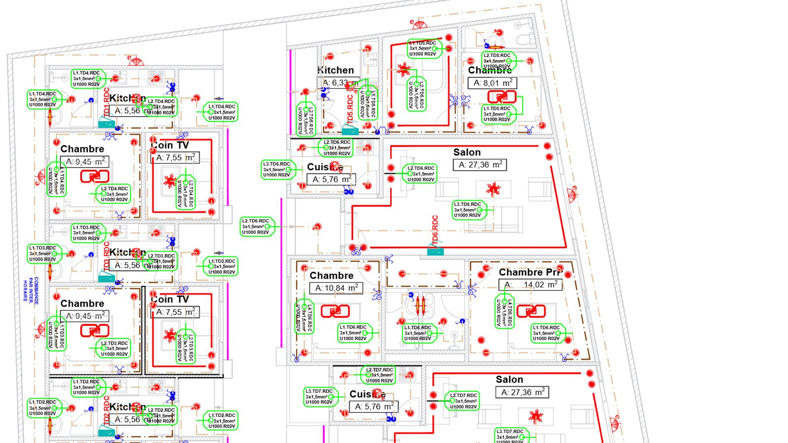 Extrait du plan d'éclairage du rez-de-chaussée d'un ensemble de villas, réalisé par BATIWATT