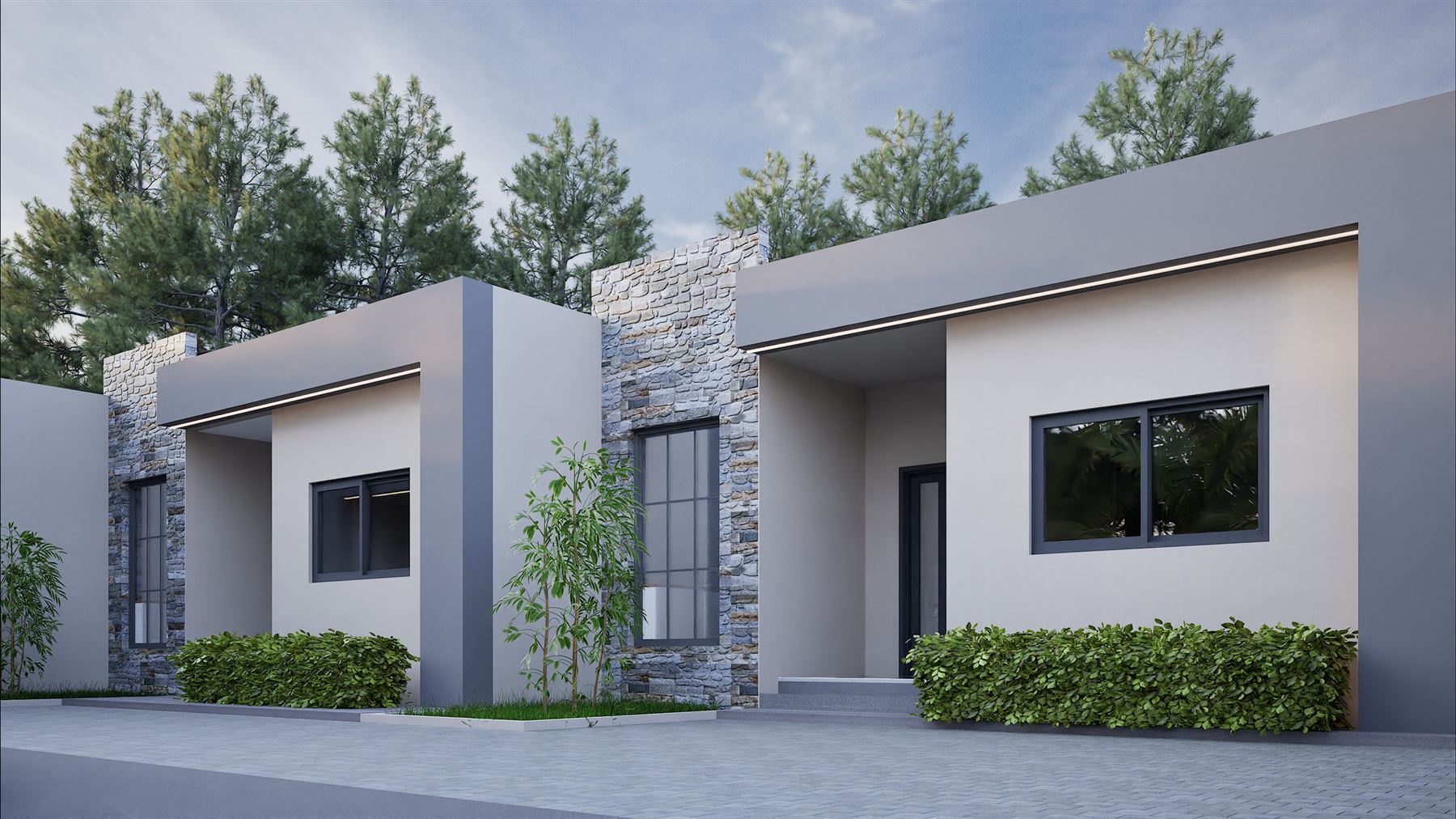 Rendu 3D d'un ensemble de villas de plain-pied